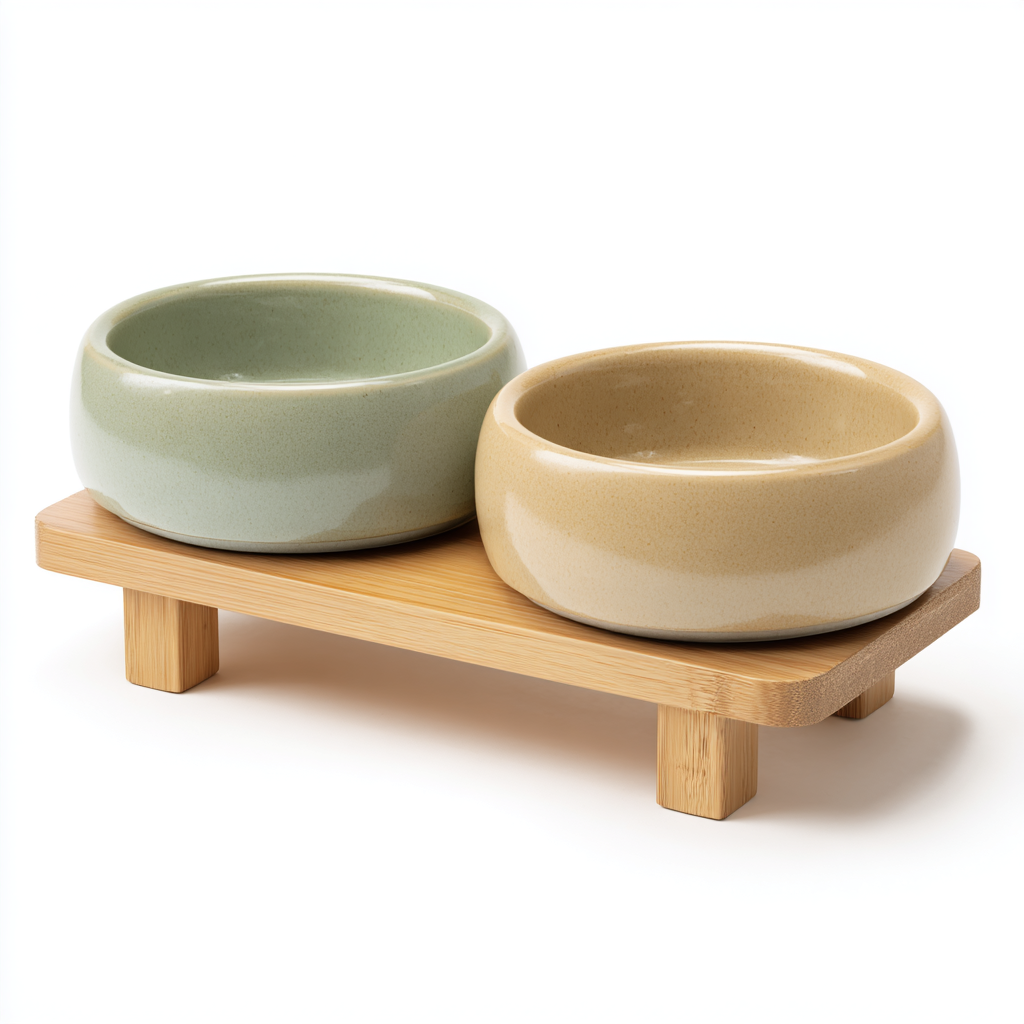 Duo-Tone Meal Set - Elevated Ceramic Bowls with Bamboo Stand