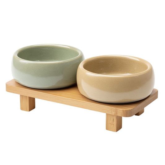 Duo-Tone Meal Set - Elevated Ceramic Bowls with Bamboo Stand