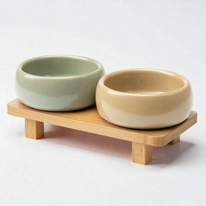 Duo-Tone Meal Set - Elevated Ceramic Bowls with Bamboo Stand