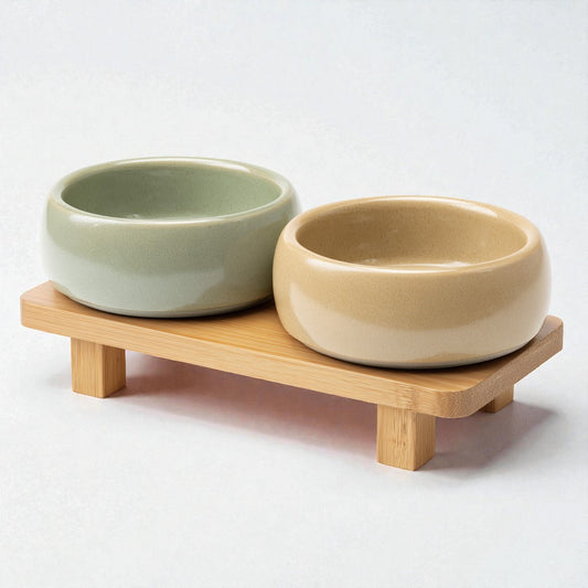 Duo-Tone Meal Set - Elevated Ceramic Bowls with Bamboo Stand